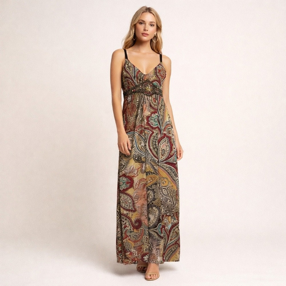 Venus Womens Paisley Maxi Babydoll Dress Jeweled Empire Waist Y2K Bling Boho M